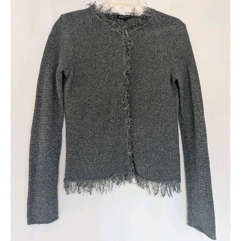 EILEEN FISHER  Textured Fringe  Sweater Cardigan Women's S Gray Linen Blend